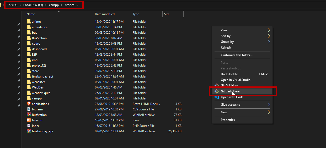 Open git bash in your htdocs folder